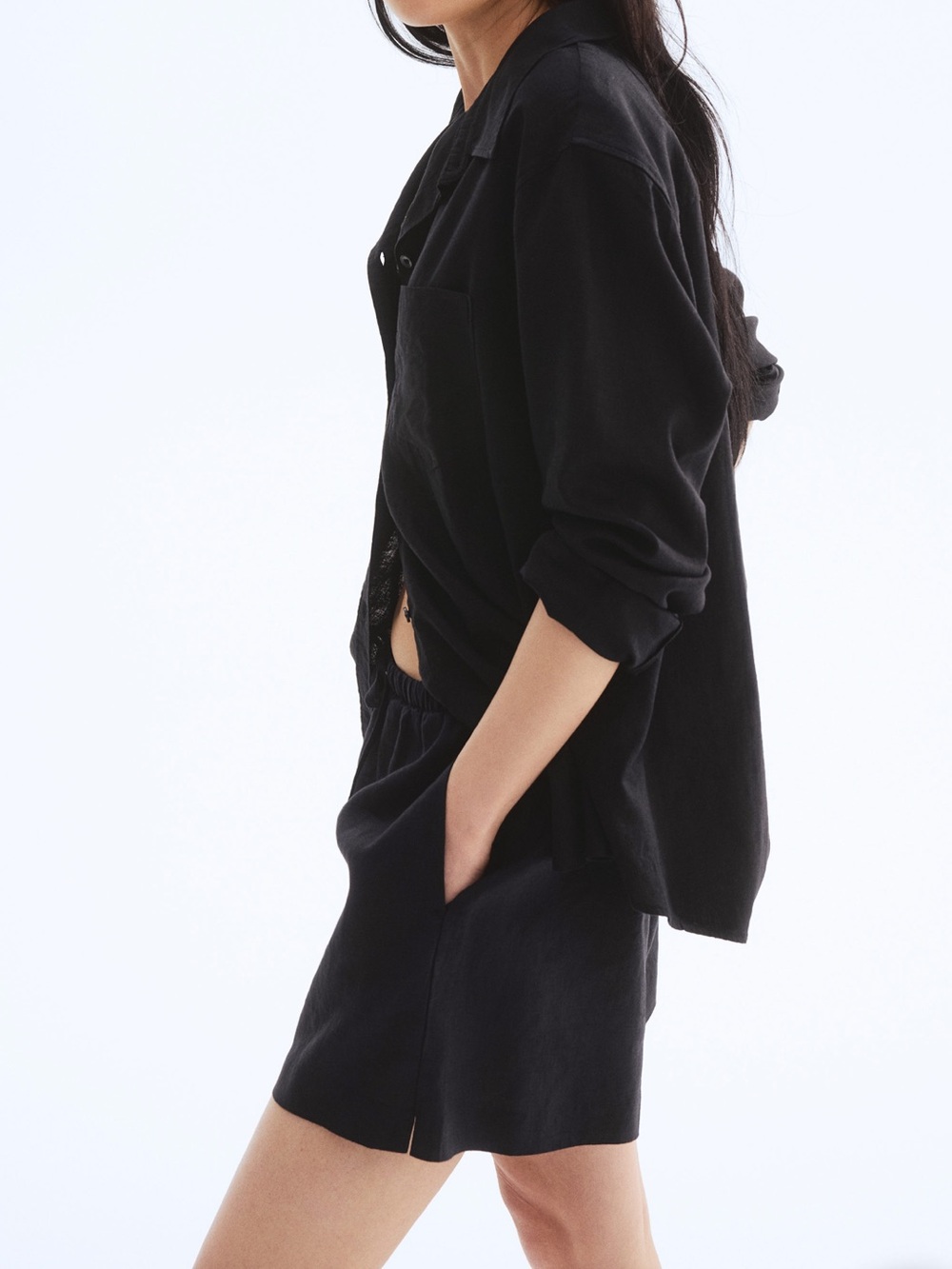Black Linen Blend Drawstring Shorts